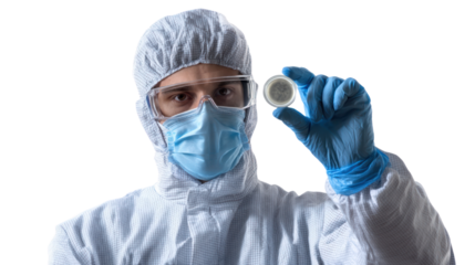 Scientist in protective gear holding a vial, white isolate background