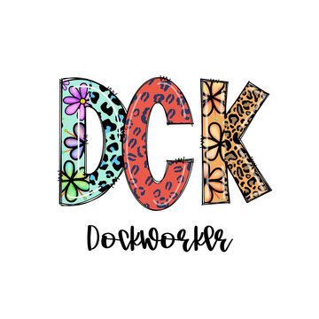 Colorful DCK Design with Leopard Print and Flowers for Dockworker Apparel