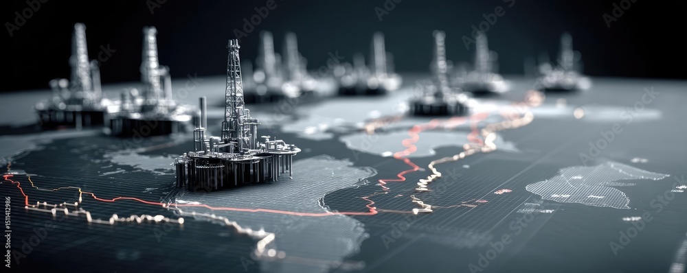 Poster oil price forecast and refinery from fossil market concept. aerial view of oil rigs on a digital map