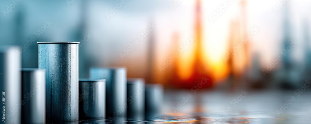 Poster oil price forecast and refinery from fossil market concept. a close-up view of metallic cylinders ag