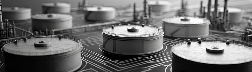 Oil price forecast and refinery from fossil market concept. Close-up of industrial oil storage tanks in a monochrome view.