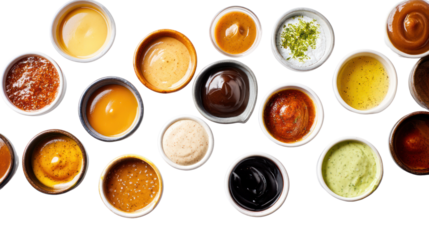 Variety of colorful sauces in bowls, white isolated background