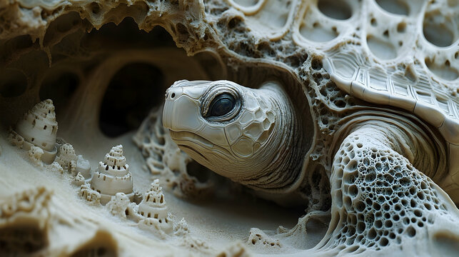 Ornate turtle shell with intricate sandcastle structures.