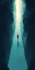Surreal minimalist surfing adventure turquoise ocean digital art tranquil environment wide view conceptual exploration