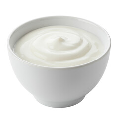 A bowl of plain, creamy yogurt, isolated on a stark transparent background with no shadows, captured from a slightly high angle with ultra-realistic detail and clear contours, concept for commercial f