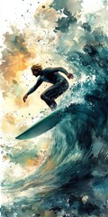Surfer riding teal ocean wave beach watercolor painting vibrant atmosphere aerial view dynamic movement