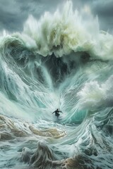 Surfer navigating majestic waves ocean high-definition images dynamic environment aerial view water sports adventure