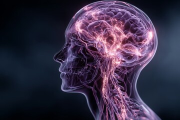 Neurologist face merged with brainwave data on dark purple background, neurotechnology research