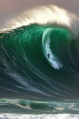 Epic surfing action aerial view of a lone surfer riding a massive wave at sunset on the ocean