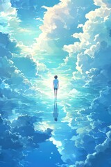 Surreal minimalist surfer in a turquoise ocean dreamlike landscape digital art tranquil atmosphere