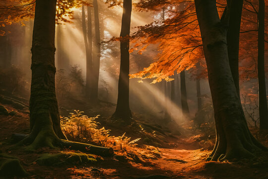 A peaceful autumn forest landscape captured at sunrise. - Powered by Adobe