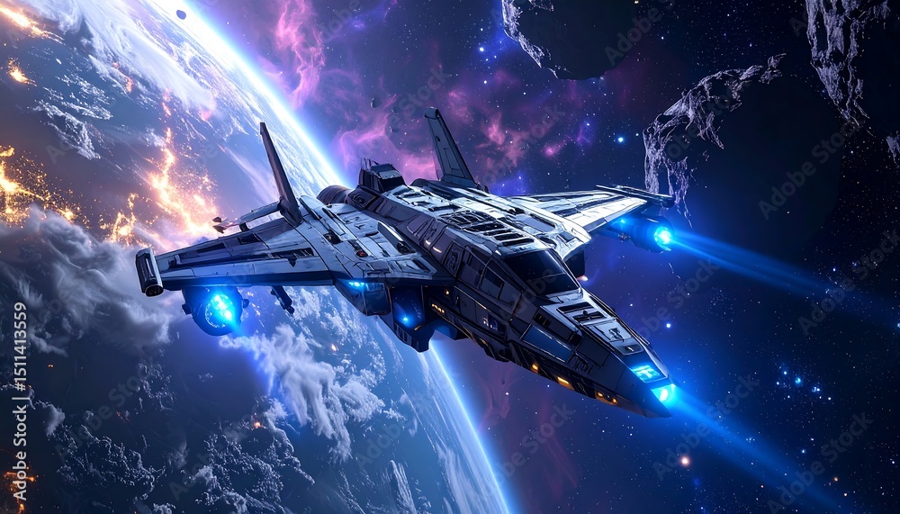 Aufkleber spaceship flying through galaxy in space.
