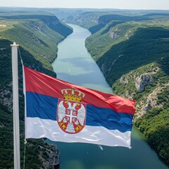 Waving Serbian Flag Representing Balkan Crossroads Through the Dramatic Iron Gates Gorge of the Danube