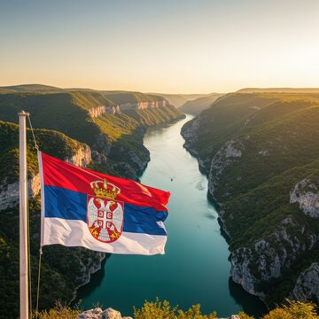 Waving Serbian Flag Representing Balkan Crossroads Through the Dramatic Iron Gates Gorge of the Danube