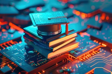 Graduation celebration with cyberpunk aesthetic stacked books and cap futuristic digital environment