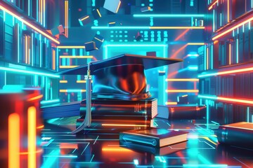 Cyberpunk graduation celebration virtual library digital art futuristic environment close-up view academic achievement