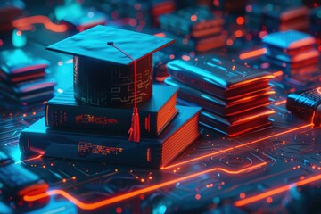 Cyberpunk graduation celebration with books and cap in futuristic digital environment
