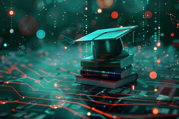Futuristic graduation symbol digital environment glowing cap and books education concept virtual reality viewpoint