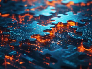 Illuminated puzzle pieces in a cyberpunk cityscape digital art futuristic environment close-up view
