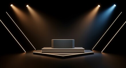 Modern Stage with Geometric Platform Neon Accents and Dramatic Lighting for Product Display