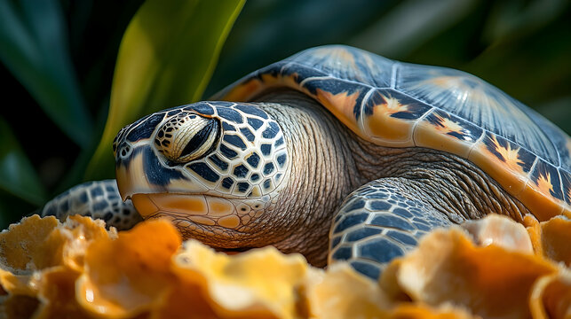 Close-up of a sea turtle resting on a coral-like surface.