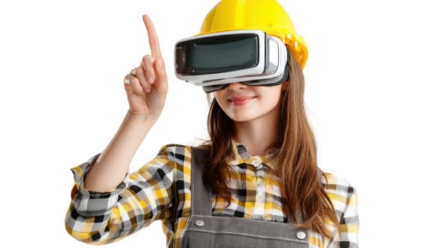 Woman wearing virtual reality headset, yellow hard hat, white isolated background.