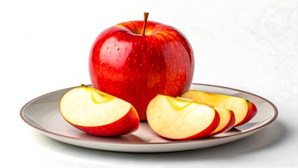 Fresh whole and sliced red apple with juicy texture served on plate isolated on white background
