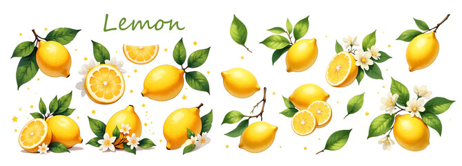 watercolor illustration featuring ripe lemons, green leaves, and citrus blossoms. Perfect for kitchen prints, recipe books, summer backgrounds, packaging design, and organic product branding