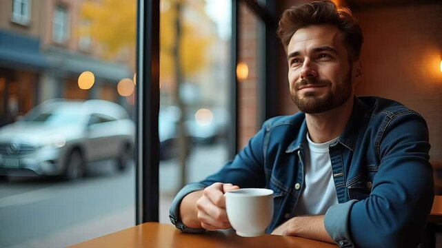Relaxed man sipping coffee alone at cafe window  
