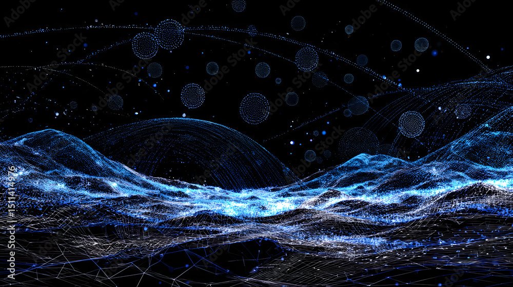 Poster abstract data visualization: a mesmerizing display of digital data, with flowing blue lines and sphe