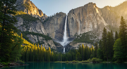 Serene Scenery Waterfall with Mountain, Forest and Lake in National Park