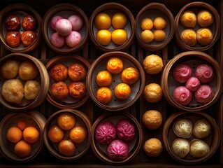 Dim sum delight variety of shumai har gow and char siu bao in a traditional food setting
