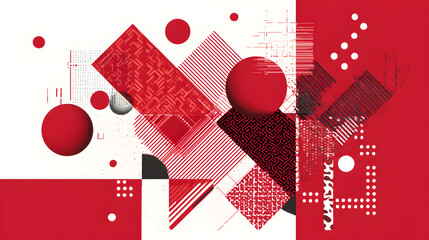 Red Geometric Composition: An abstract design featuring geometric shapes like circles, squares, and triangles, creating a dynamic interplay of forms in shades of red and white.