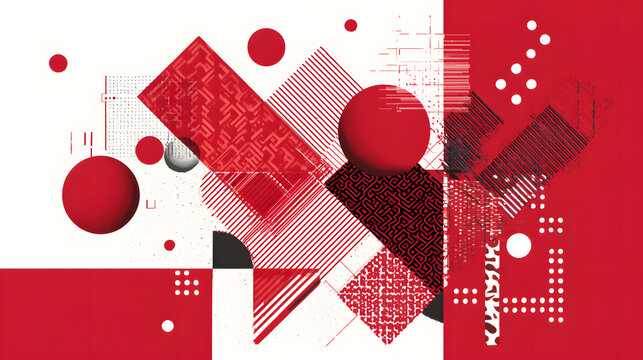 Red Geometric Composition: An abstract design featuring geometric shapes like circles, squares, and triangles, creating a dynamic interplay of forms in shades of red and white.