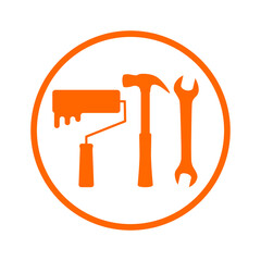 Paint roller, wrench and hammer