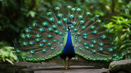 Obraz premium a majestic peacock displaying its vibrant plumage in a lush tropical setting, showcasing the intricate beauty of nature and the captivating allure of exotic wildlife, radiating charm