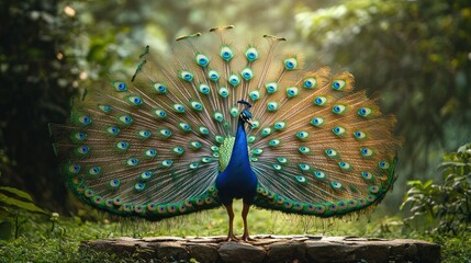 Obraz premium a vibrant peacock with its iridescent plumage displayed in a forest clearing showcasing nature's artistry through its dazzling patterns and colors in a natural habitat