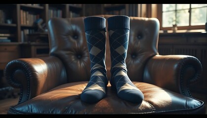  a pair of stylish dress socks. The socks have subtle argyle patterns in white thread stitching. The pair of socks are laid on a classic leather armchair with a library bookshelf 