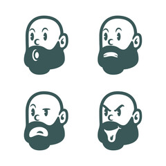 Fototapeta premium Vector set of bald bearded man cartoon faces with different emotions – happy, sad, surprised, and joyful. Perfect for stickers, avatars, icons, or mascot designs