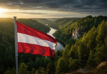 Waving Latvian Flag Symbolizing Baltic Resilience Amidst the Forested Gauja River Valley Landscape
