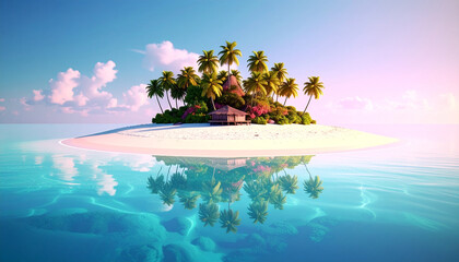 High-definition render of a pink-violet fantasy island with realistic textures and perfect reflection in dark blue water
