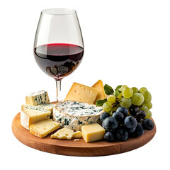 The glass of red wine with assorted cheese board platter [Transparent Background PNG].