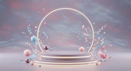 Pastel Podium with Confetti and Ribbons Against a Dreamy Sky Background for Product Presentation and Celebration