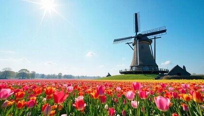 A vibrant springtime scene featuring a classic windmill standing tall amidst a field of blooming tulips and wildflowers under a bright, clear sky , season, idyllic