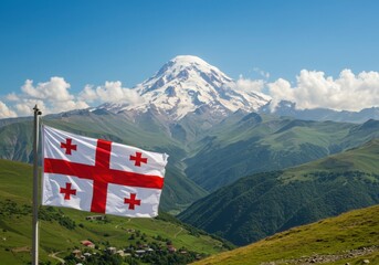 Waving Georgian Flag Symbolizing Ancient Culture Against the Dramatic High Peaks of the Caucasus Mountains