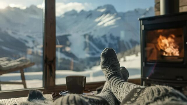 Relaxing by the fireplace with warm socks on, enjoying a hot drink and scenic mountain views. A cozy winter escape for ultimate comfort.