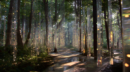 Fototapeta premium Enchanted Forest Path: Sunlight filters through a canopy of trees, illuminating a magical path adorned with shimmering, hanging light installations.