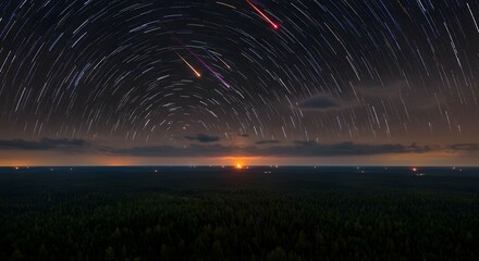 Mesmerizing Night Sky Star Trails, Shooting Stars, and a Distant Horizon
