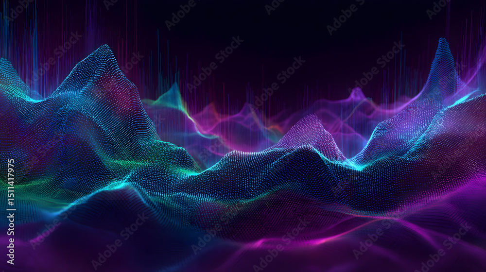 Poster abstract data visualization: dynamic digital art depicting a stunning array of colorful data points,