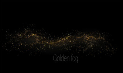 Abstract shiny isolated design element, chaotic golden tinsel on black background.
